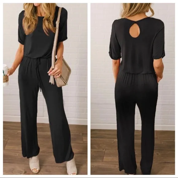 Black KNIT wide leg  Romper/Jumpsuit with POCKETS! - Picture 4 of 4